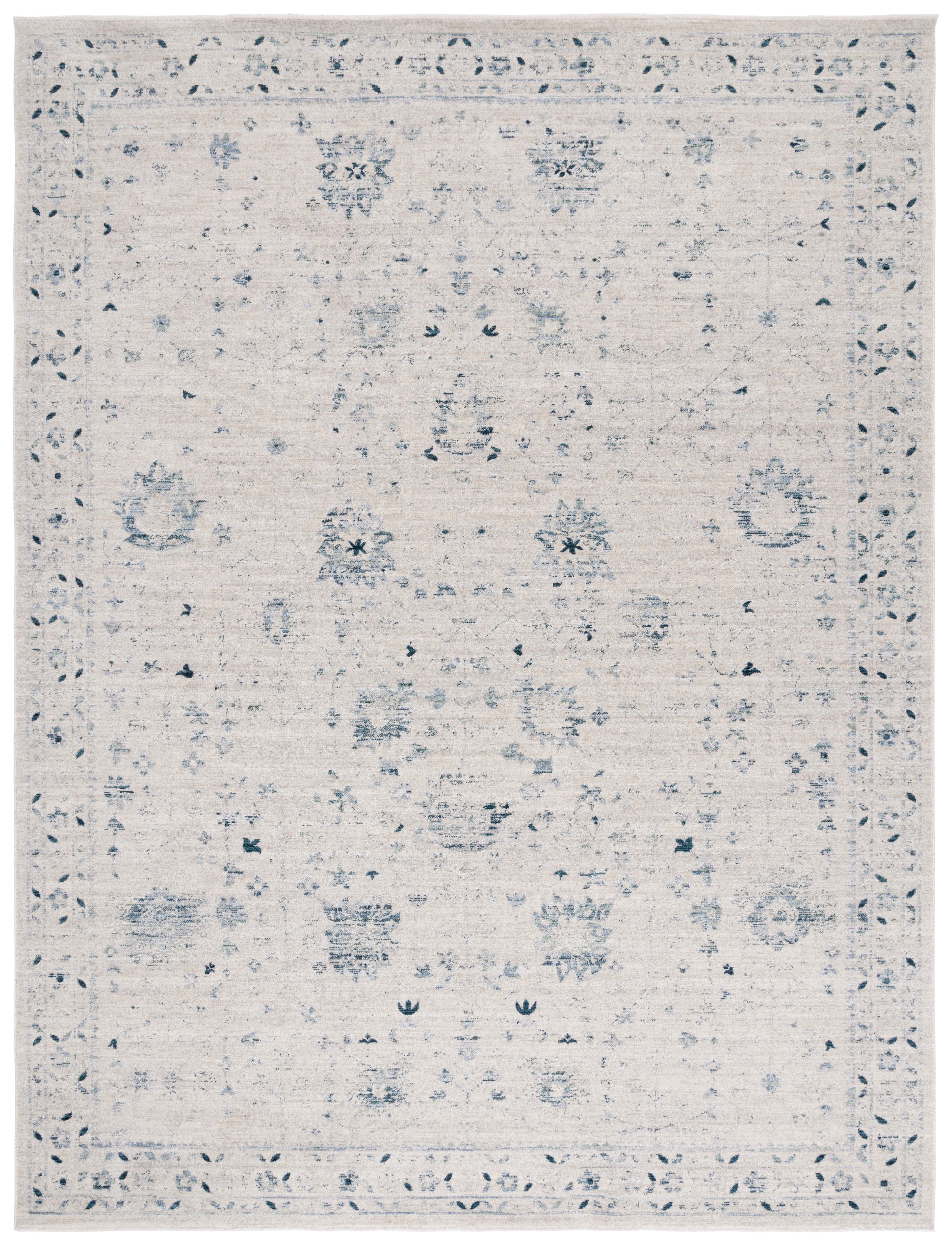 Ivory and Blue Distressed Polyester Area Rug 9' x 11'6"