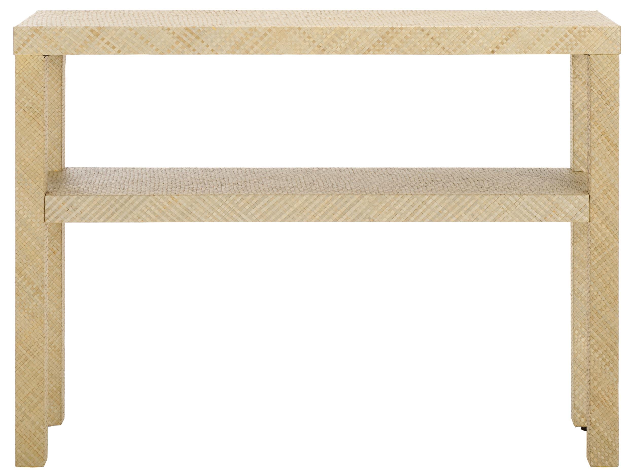 Natural Raffia Wood Console Table with Two Shelves