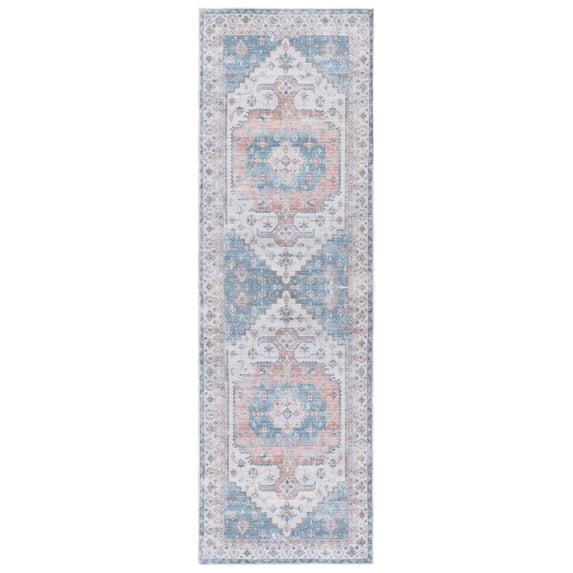 SAFAVIEH Arizona Tegan Oriental Polyester Machine Washable Runner Rug, Beige/Light Blue, 2'6" x 8'