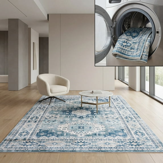 SAFAVIEH Arizona Reannon Oriental Polyester Machine Washable Area Rug, Sage/Aqua, 4' x 6'