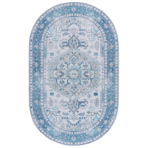 SAFAVIEH Arizona Merrilyn Oriental Machine Washable Area Rug, Beige/Blue, 5' x 8' Oval