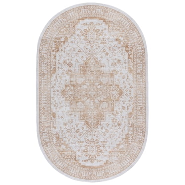 SAFAVIEH Arizona Bradford Oriental Machine Washable Area Rug, Beige/Gold, 5' x 8' Oval