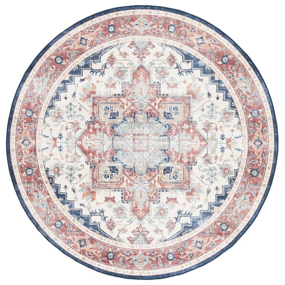 SAFAVIEH Arizona Alaia Medallion Polyester Machine Washable Area Rug, Rust/Dark Blue, 6' x 6' Round