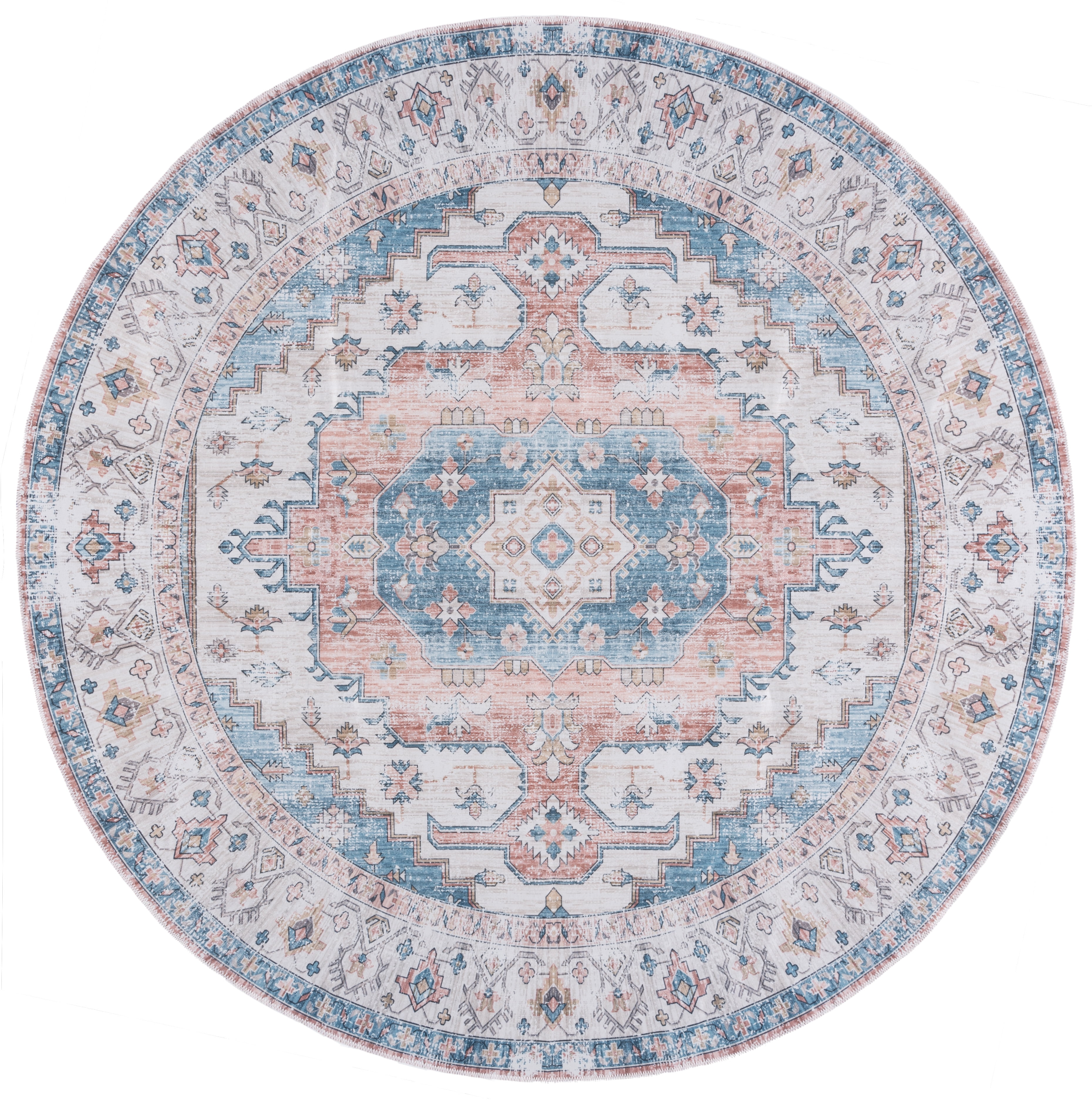 SAFAVIEH Arizona Tegan Oriental Polyester Machine Washable Area Rug, Beige/Light Blue, 6' x 6' Round