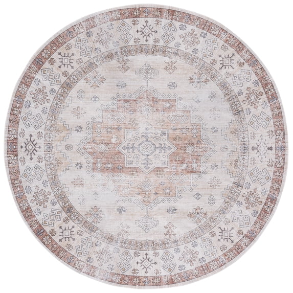 SAFAVIEH Arizona Tayler Medallion Polyester Machine Washable Area Rug, Beige/Rust, 6' x 6' Round