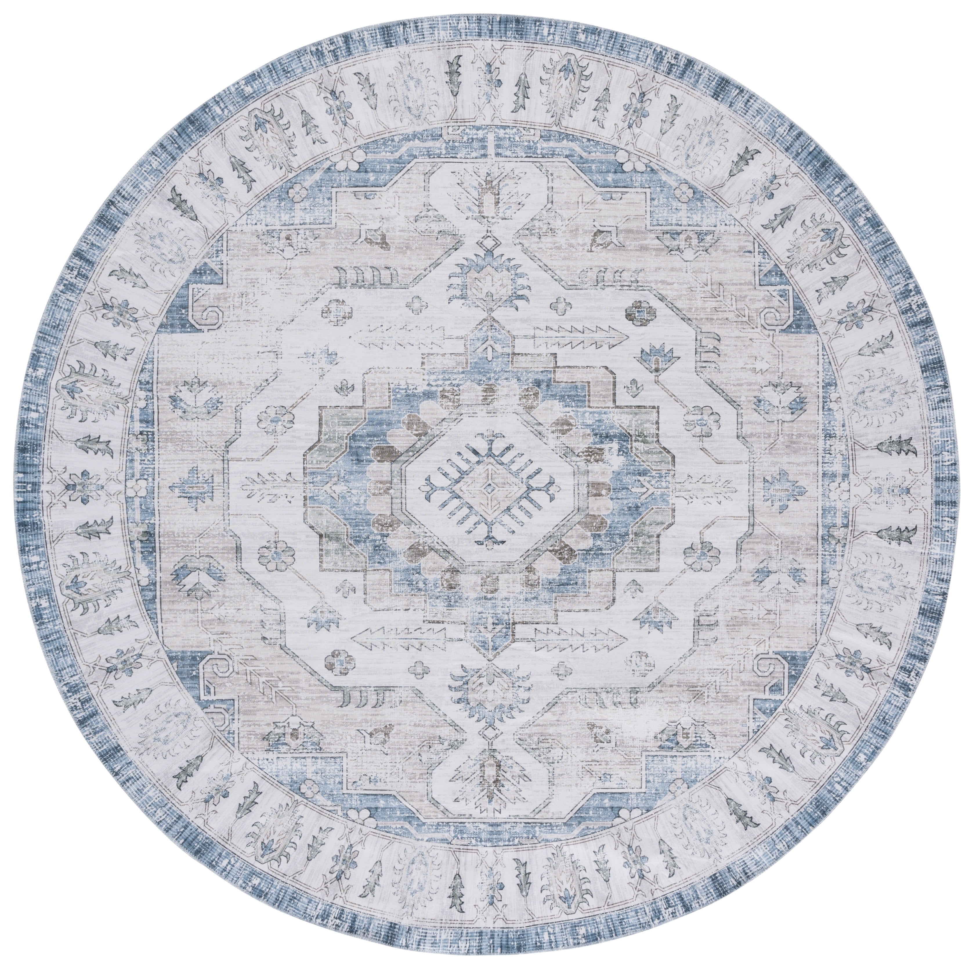 SAFAVIEH Arizona Alastar Medallion Polyester Machine Washable Area Rug, Gray/Blue, 6' x 6' Round