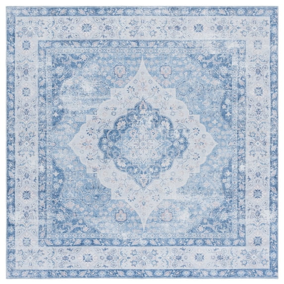 SAFAVIEH Arizona Melinda Medallion Polyester Machine Washable Area Rug, Light Blue/Blue, 6' x 6' Square