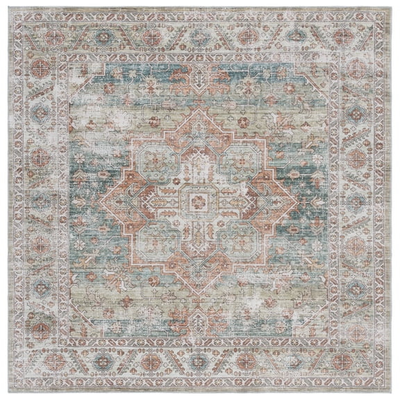 SAFAVIEH Arizona Wilmer Medallion Polyester Machine Washable Area Rug, Sage/Rust, 6' x 6' Square