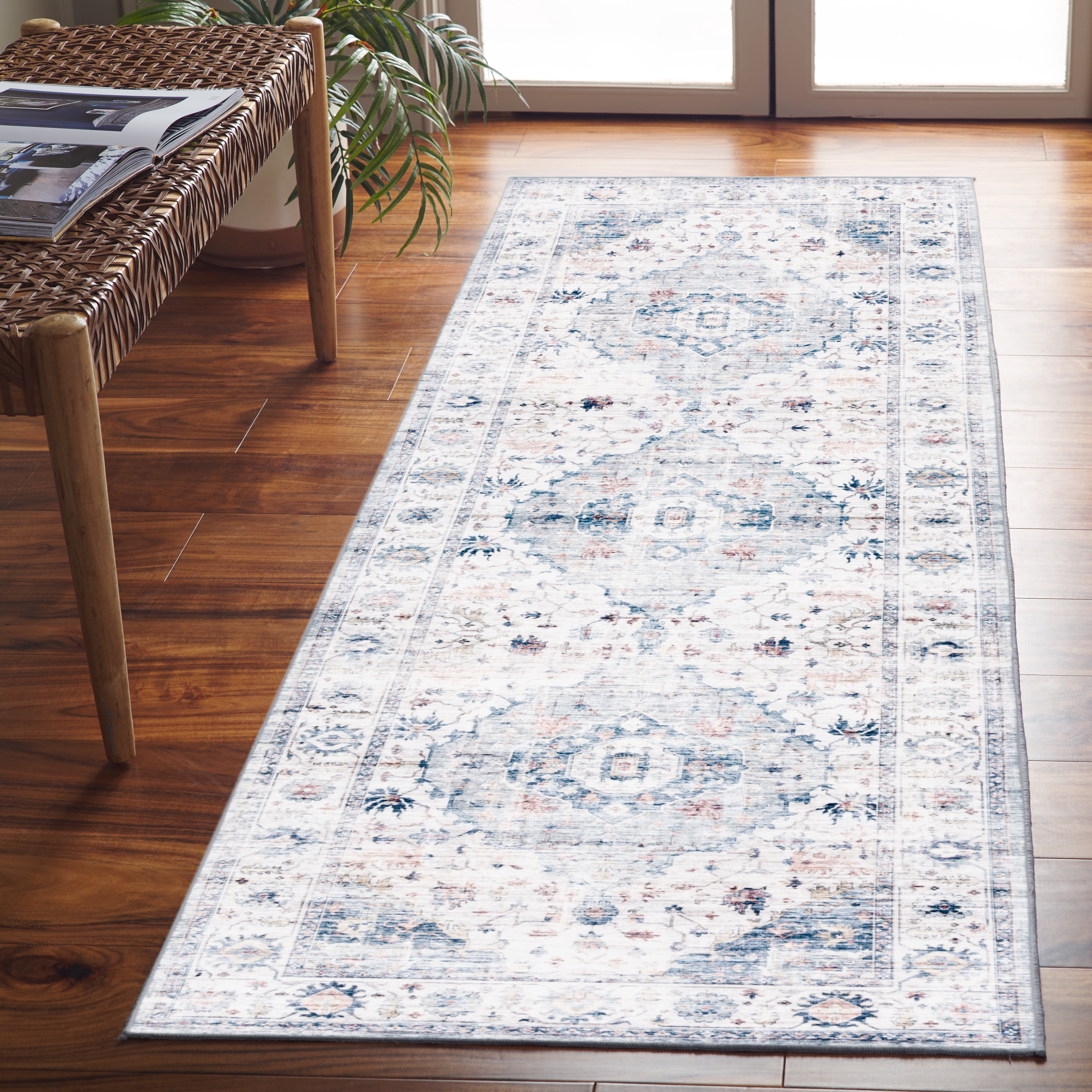 Safavieh Arizona Asa Medallion Polyester Machine Washable Runner Rug, Light Blue/Ivory, 2'6" x 6'