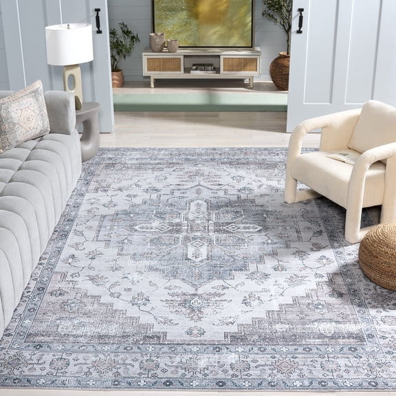 Safavieh Arizona Goddard Medallion Machine Washable Area Rug, Gray/Ivory, 9' x 12'