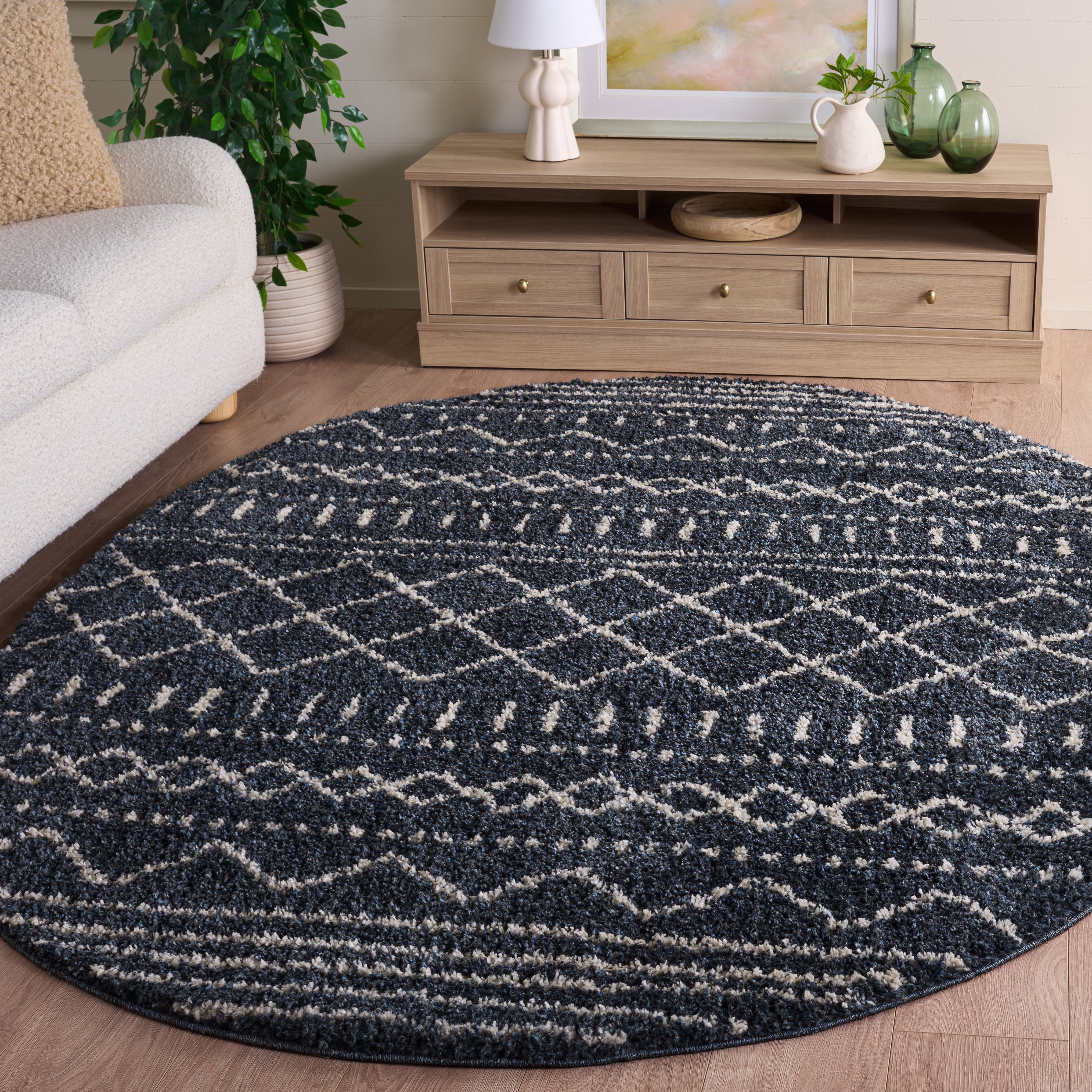 Safavieh Arizona Teagan Geometric Shag Area Rug, Slate Blue/Ivory, 6' x 8' Oval
