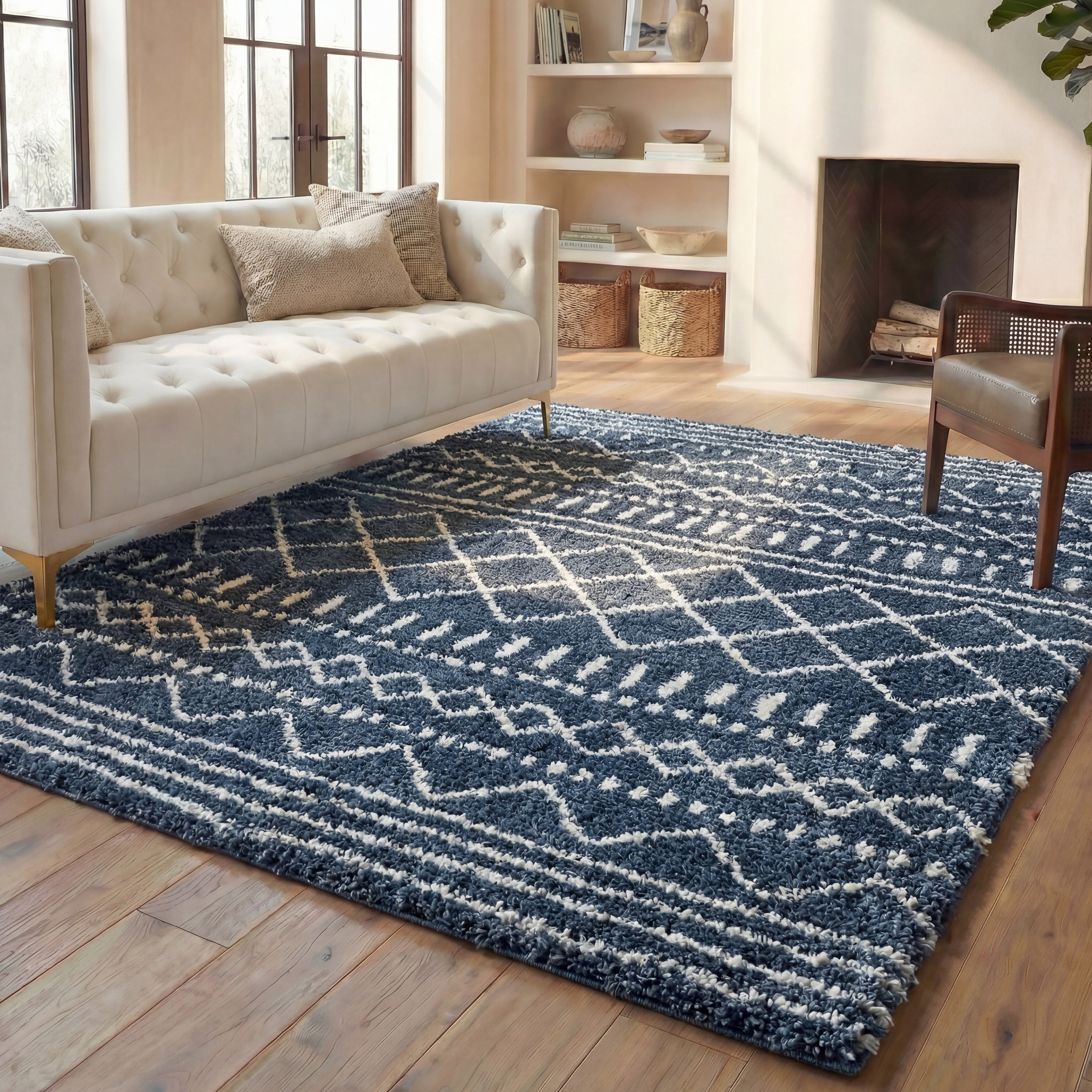 Safavieh Arizona Teagan Geometric Shag Area Rug, Slate Blue/Ivory, 6' x 8'
