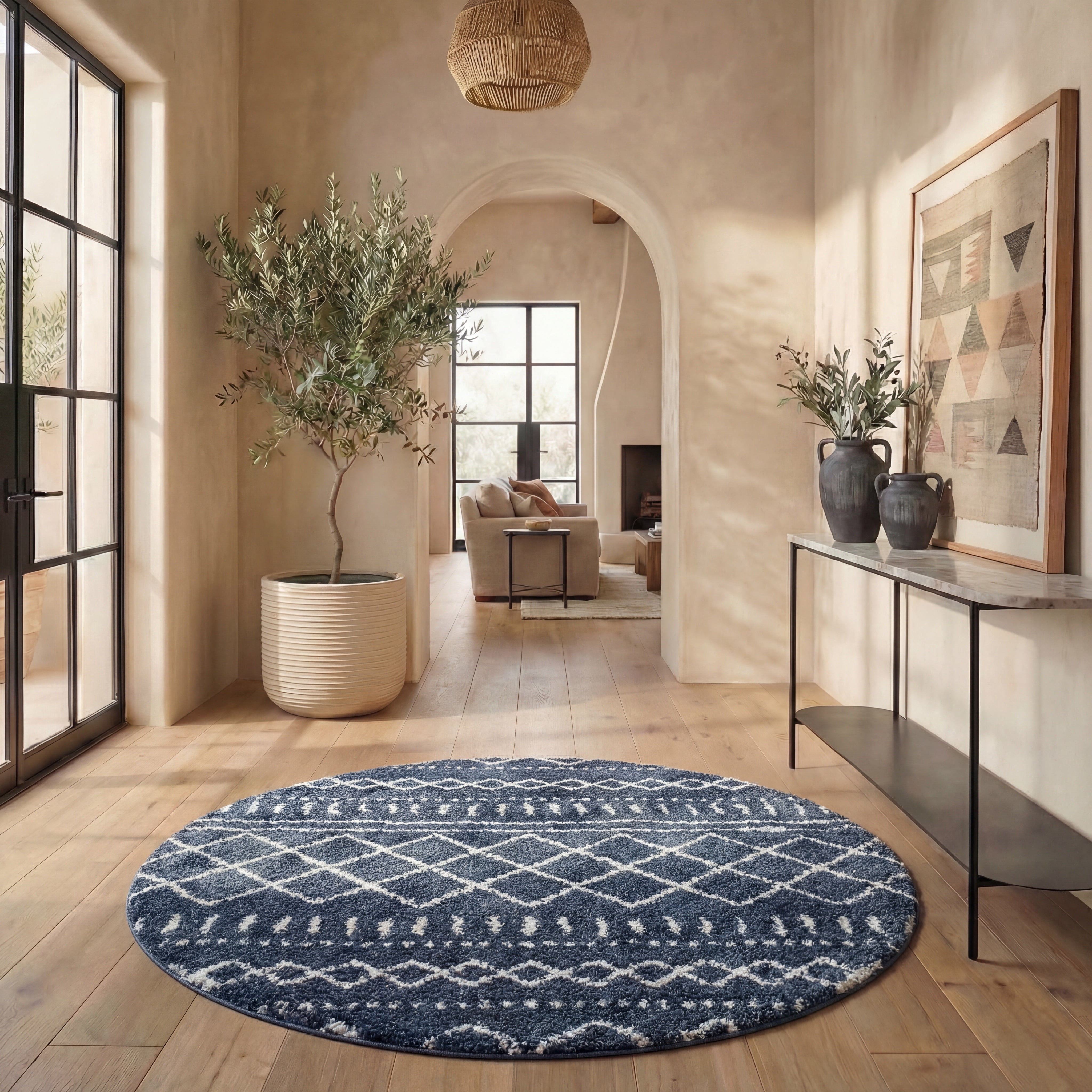 Safavieh Arizona Teagan Geometric Shag Area Rug, Slate Blue/Ivory, 8' x 8' Round