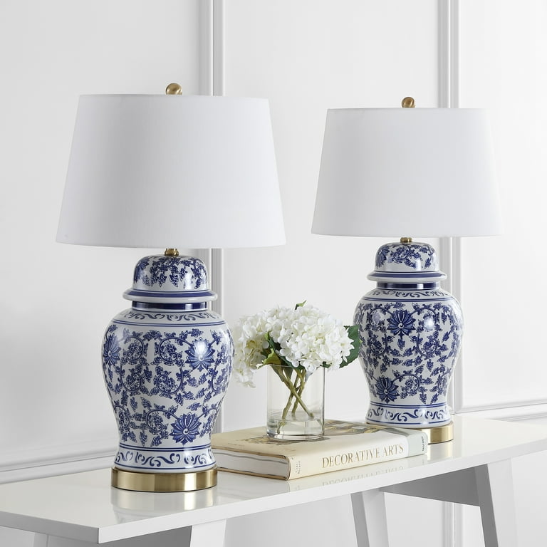 Blue and store white bedside lamps