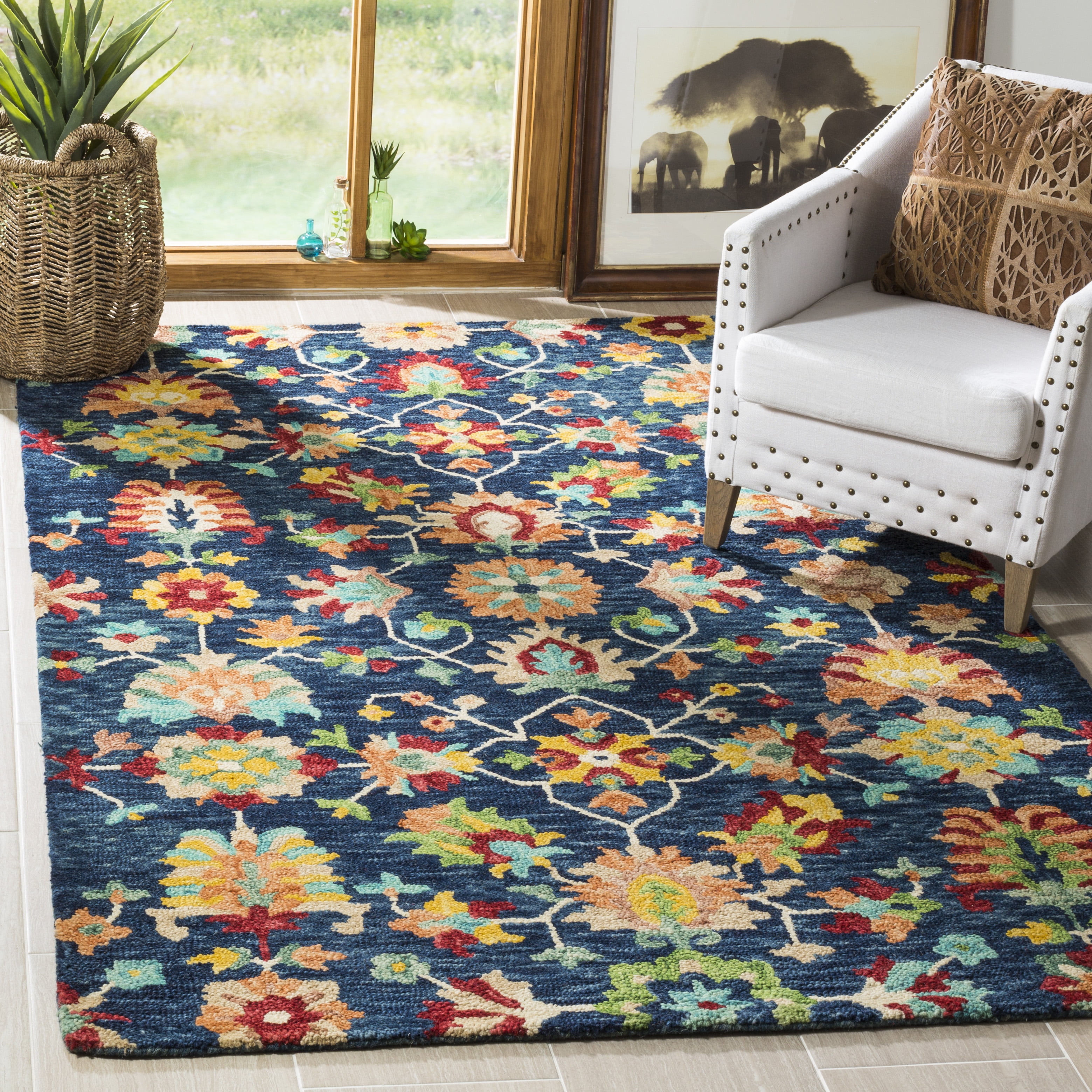 Rustic-Chic Red and Navy Tribal Motif Square Wool Rug