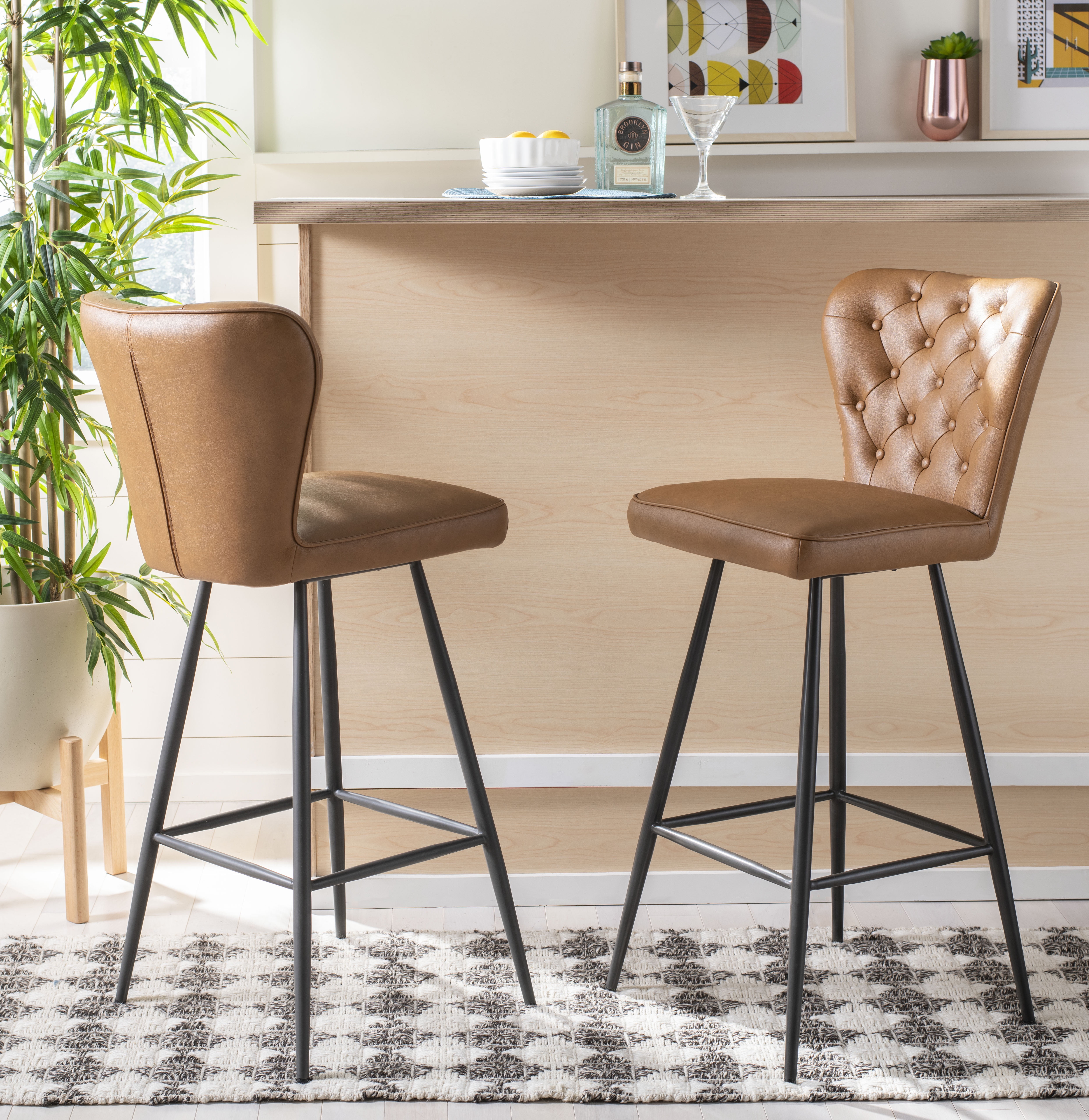 Camel Leather Tufted Transitional Bar Stool with Metal Legs, 46"