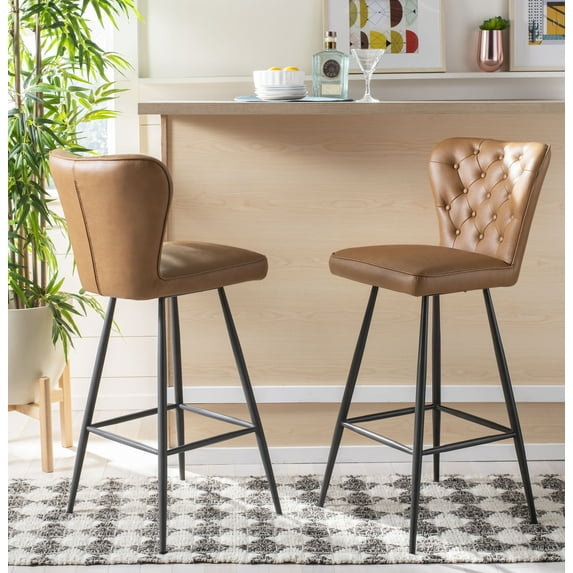 Safavieh Aster Mid Century Modern Leather Tufted Bar Stool, Set of 2