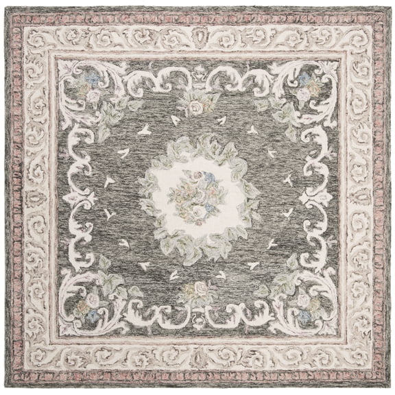 SAFAVIEH Aubusson Sonam Oriental Wool Area Rug, Ivory/Charcoal, 6' x 6' Square