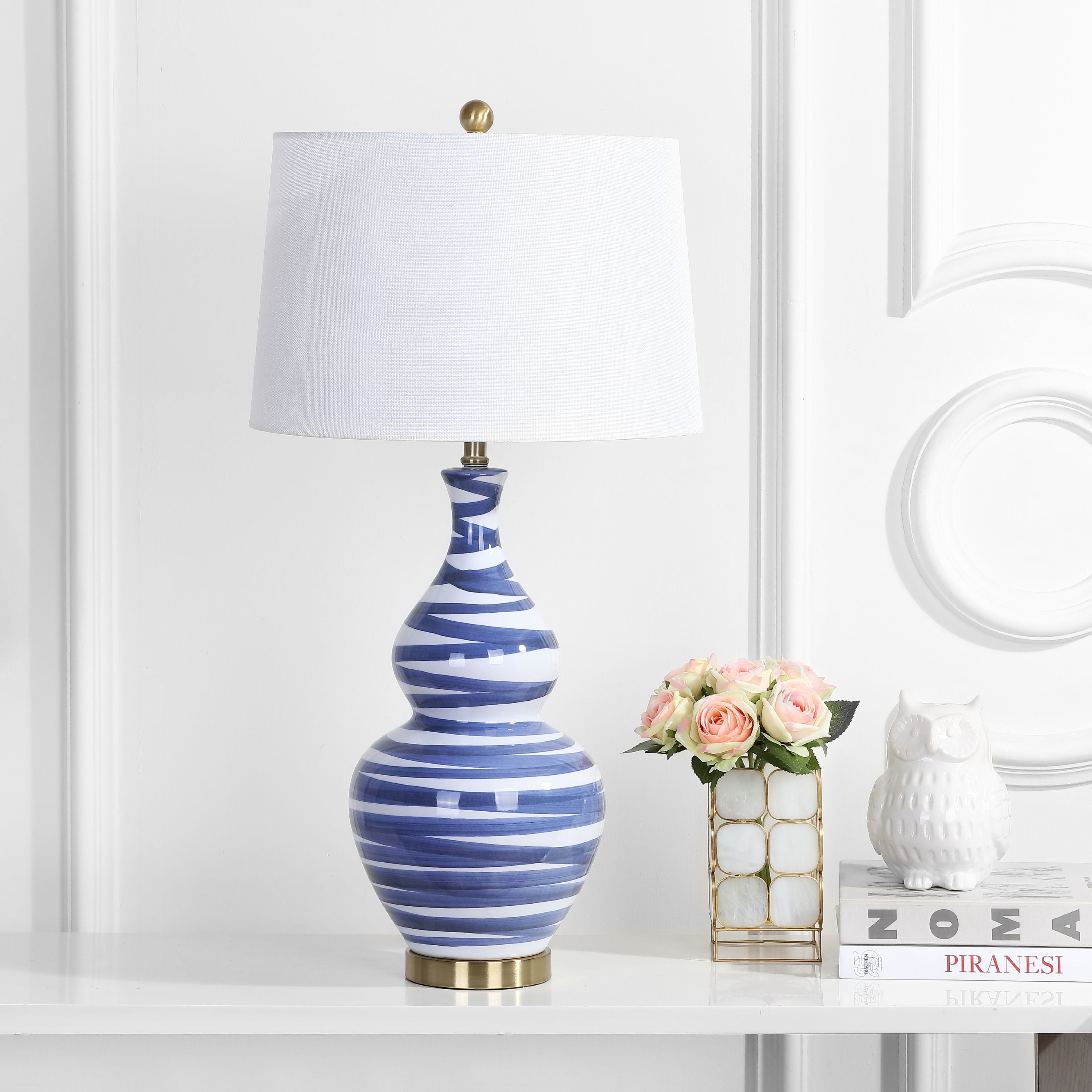 Aviana Blue and White Ceramic Table Lamp with Cotton Shade