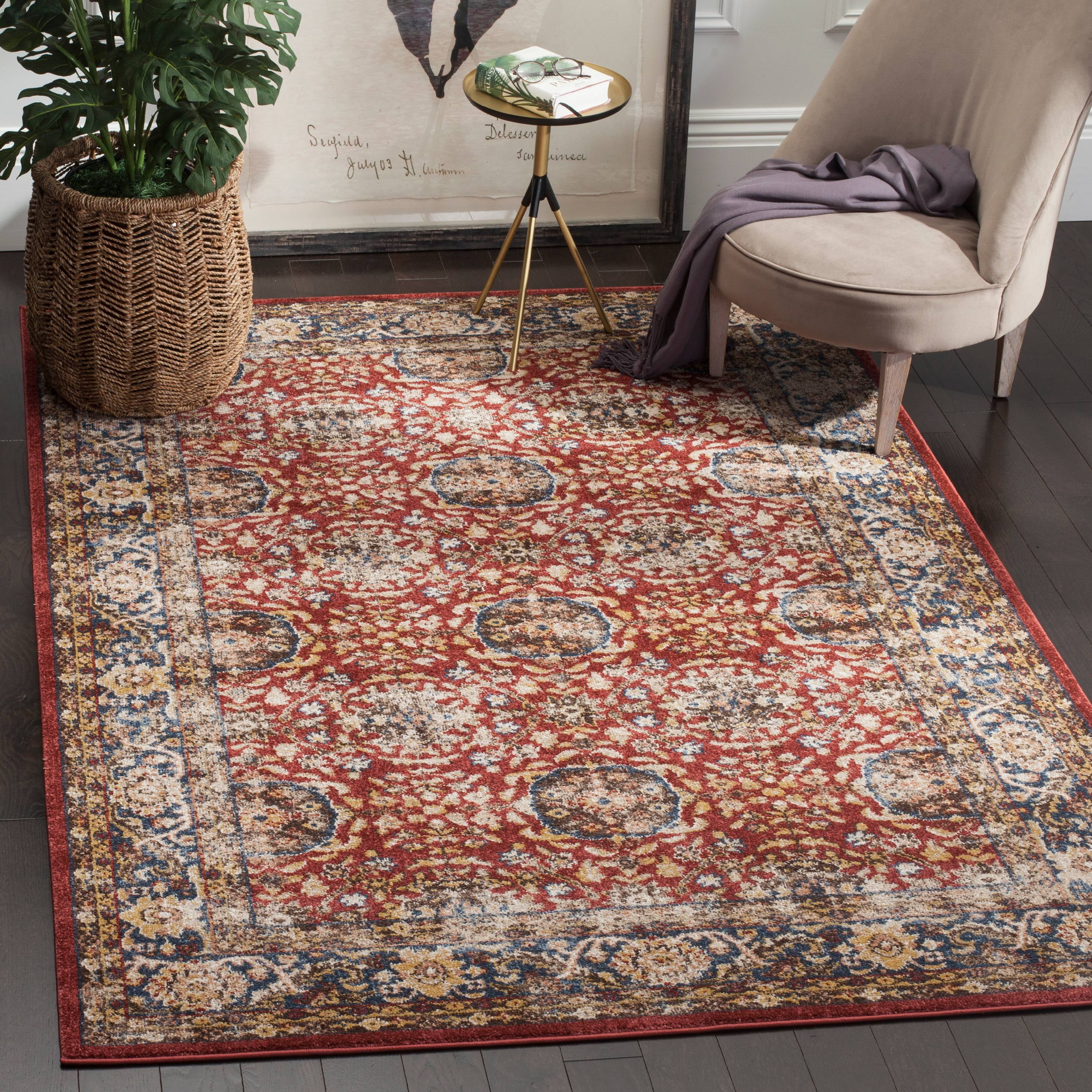 Bijar Red and Royal Floral Motif Synthetic Area Rug