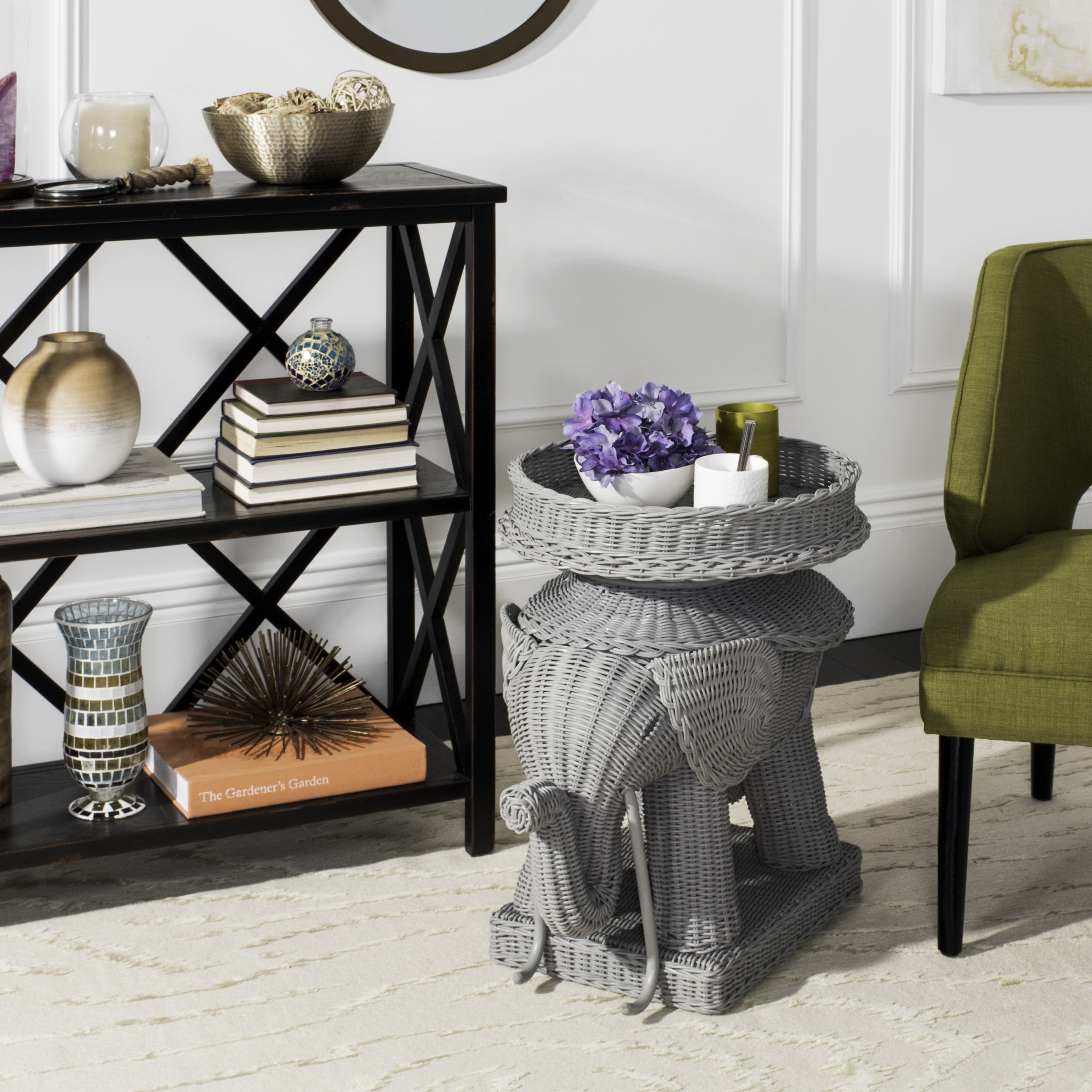 Gray Rattan Elephant Round Storage Accent Table
