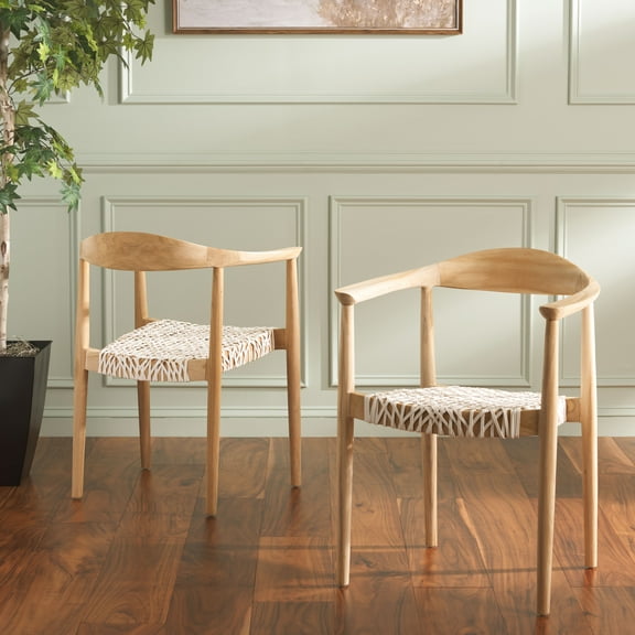 Safavieh Bandelier Mid-Century Wood and Leather Dining Arm Chairs, White / Natural (Set of 2)