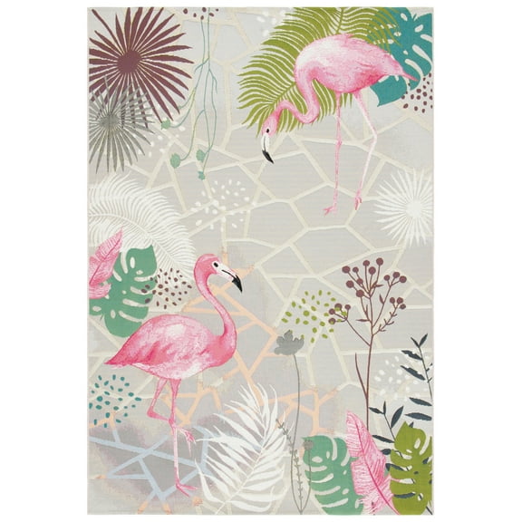 SAFAVIEH Barbados Flamingos Outdoor Area Rug, Grey/Pink, 5'3" x 5'3" Square