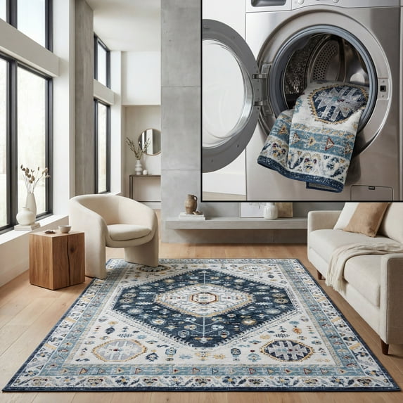 SAFAVIEH Bayside Sherwood Oriental Polyester Area Rug, Navy/Blue, 6'7" x 6'7" Square