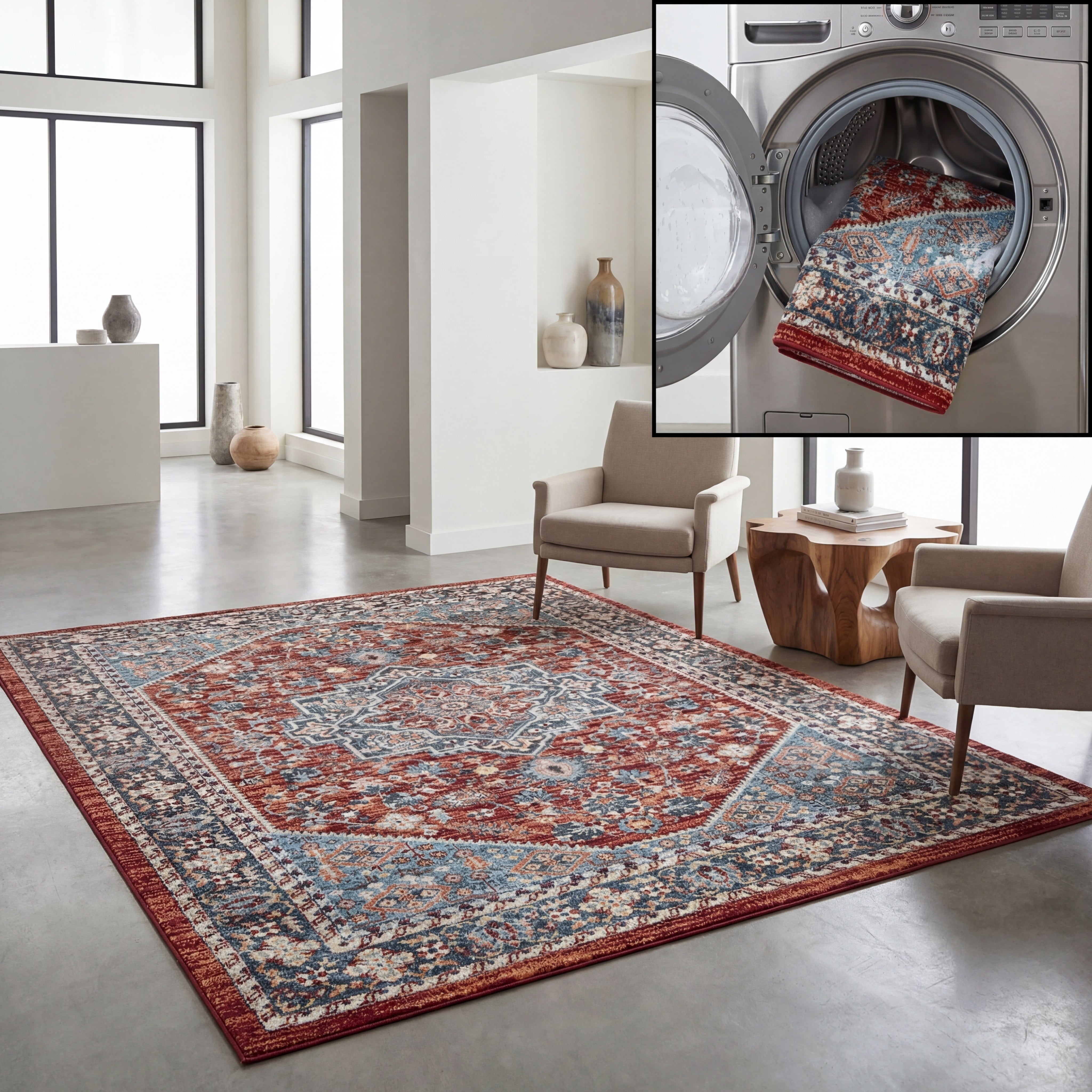 SAFAVIEH Bayside Keila Oriental Polyester Machine Washable Area Rug, Red/Blue, 5'3" x 7'6"