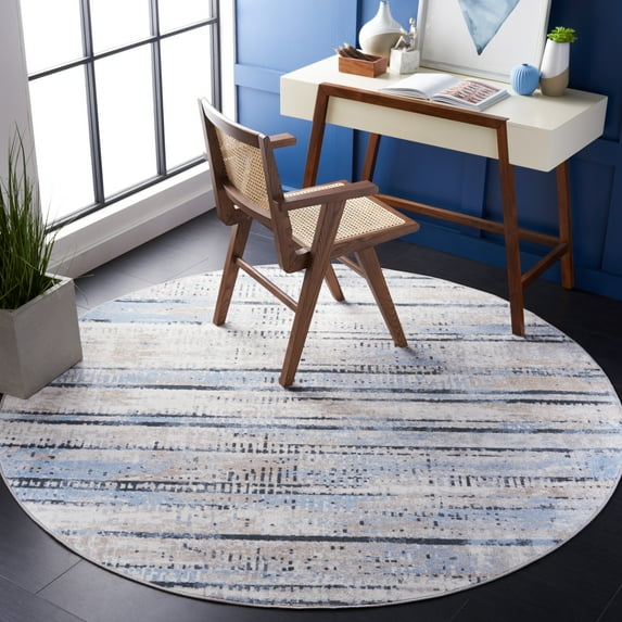 SAFAVIEH Bayside Donella Abstract Polyester Machine Washable Area Rug, Blue/Gold, 6'7" x 6'7" Round