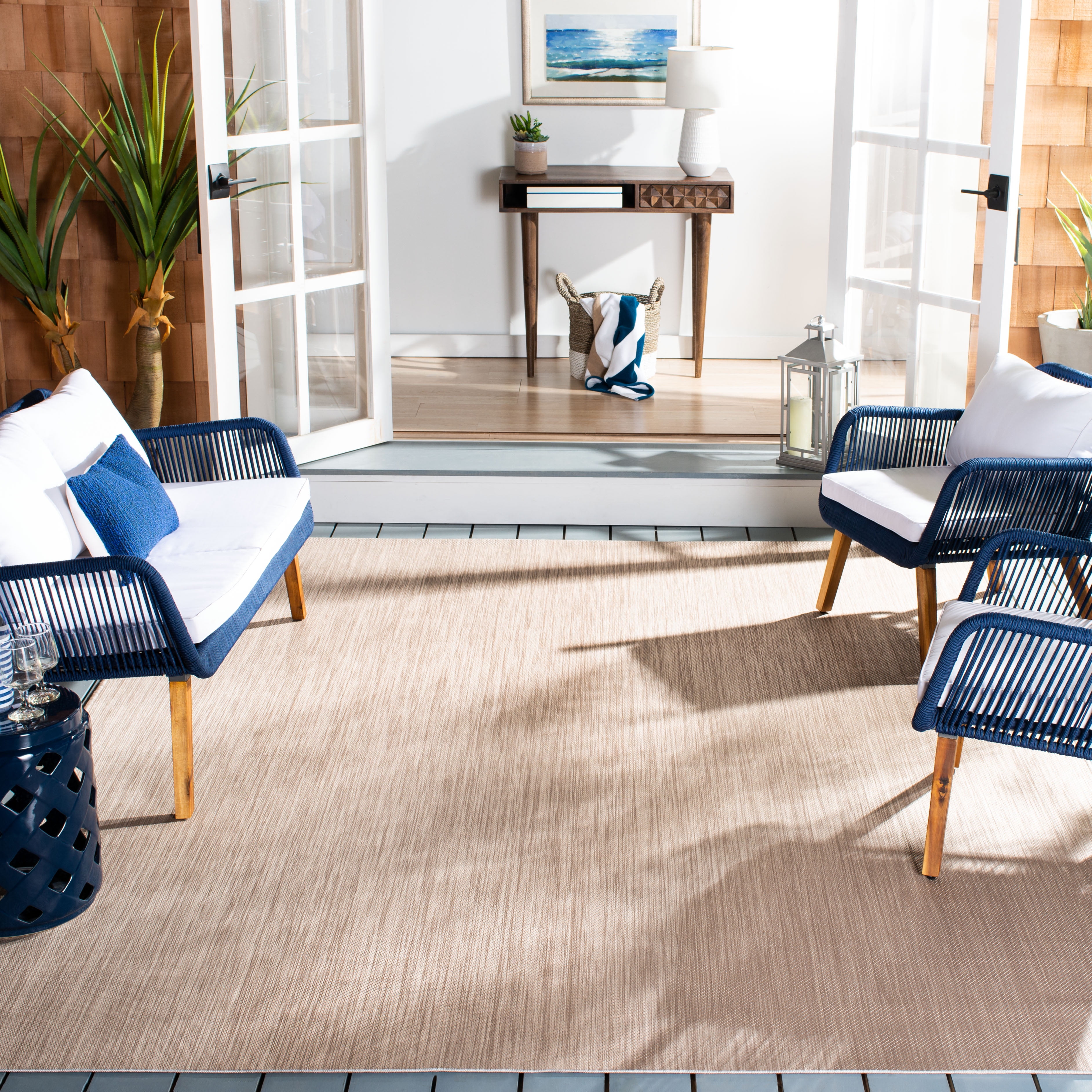 SAFAVIEH Beach House Tayler Solid Indoor/Outdoor Area Rug, Beige, 6'7" x 6'7" Square