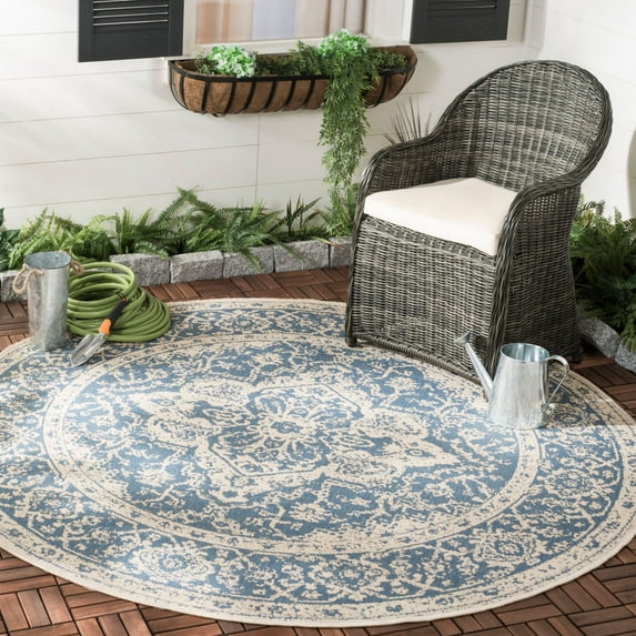 Safavieh Beach House Mai Traditional Outdoor Area Rug, Blue/Cream, 6'7" x 6'7" Round