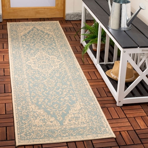 Safavieh Beach House Mai Traditional Outdoor Runner, Aqua/Cream, 2' x 8'