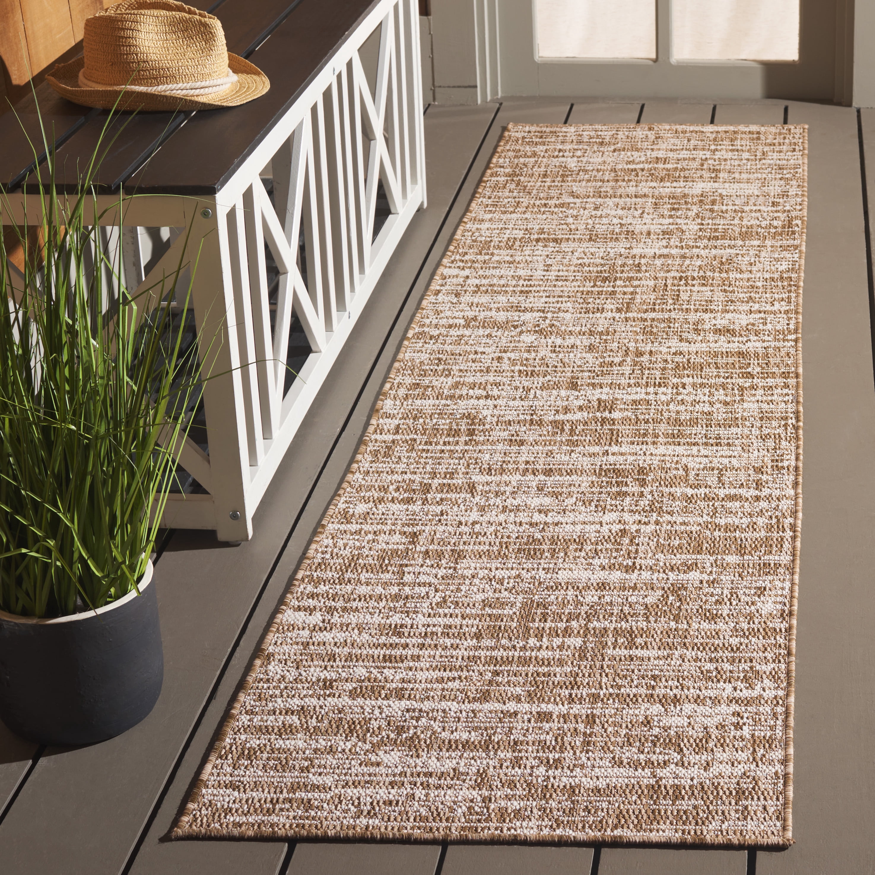 SAFAVIEH Beach House Nikola Geometric Indoor/Outdoor Runner Rug, Brown/Ivory, 2' x 8'