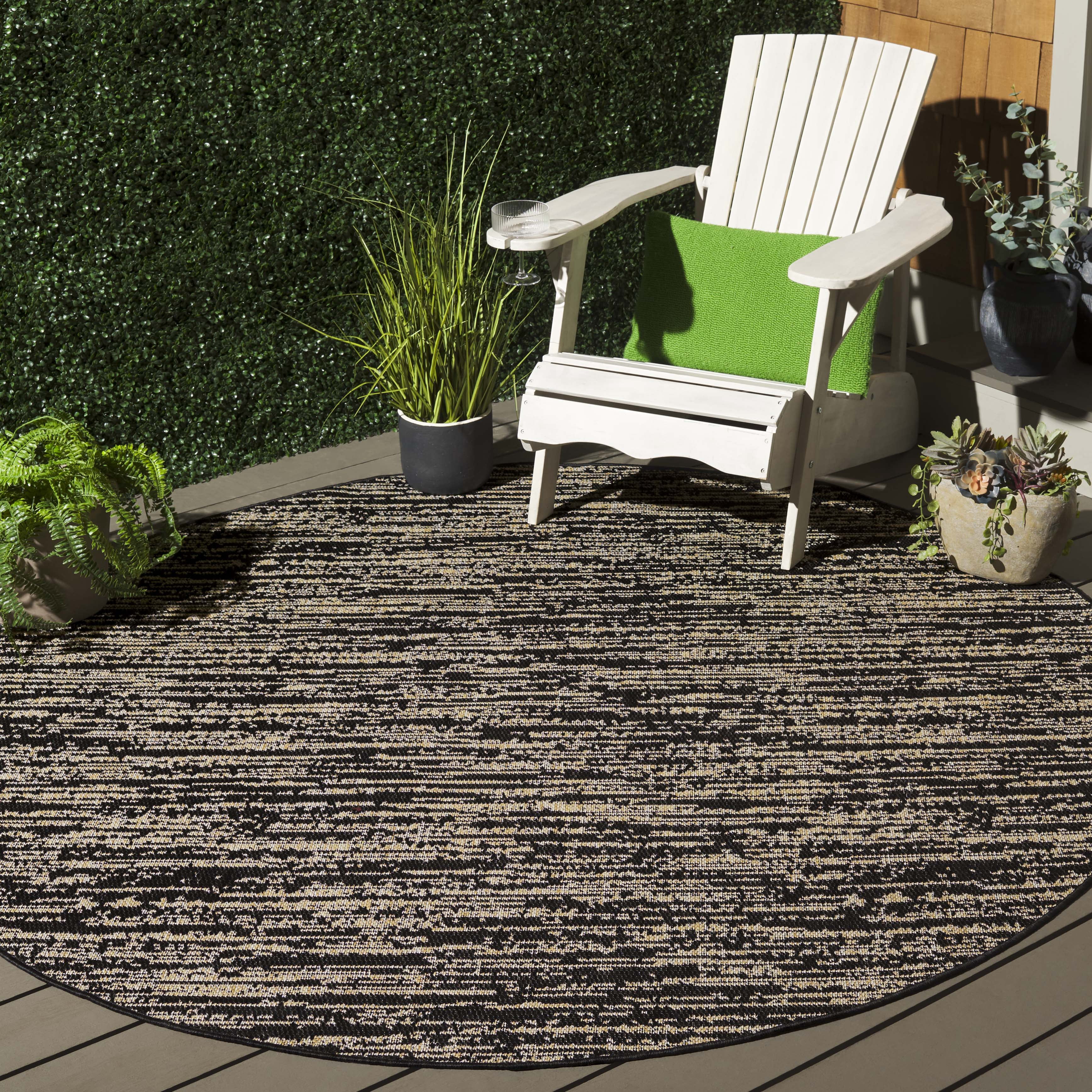 SAFAVIEH Beach House Nikola Geometric Indoor/Outdoor Area Rug, Black/Beige, 6'7" x 6'7" Round