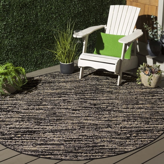 SAFAVIEH Beach House Nikola Geometric Indoor/Outdoor Area Rug, Black/Beige, 6'7" x 6'7" Round
