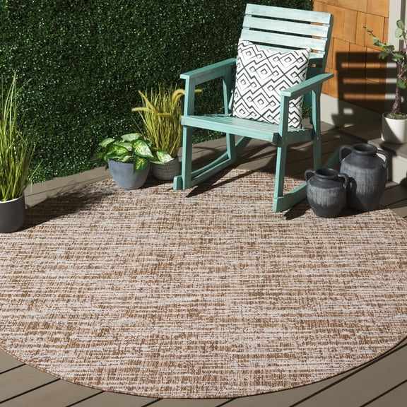 SAFAVIEH Beach House Nikola Geometric Indoor/Outdoor Area Rug, Brown/Ivory, 6'7" x 6'7" Round