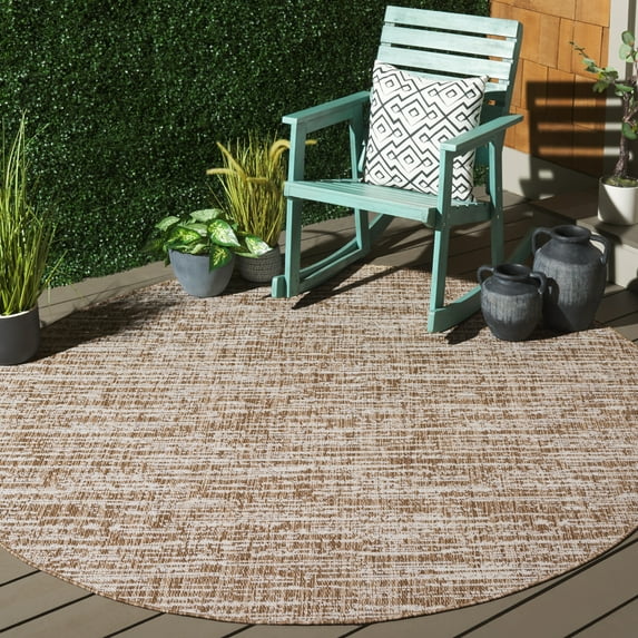 SAFAVIEH Beach House Nikola Geometric Indoor/Outdoor Area Rug, Brown/Ivory, 6'7" x 6'7" Round