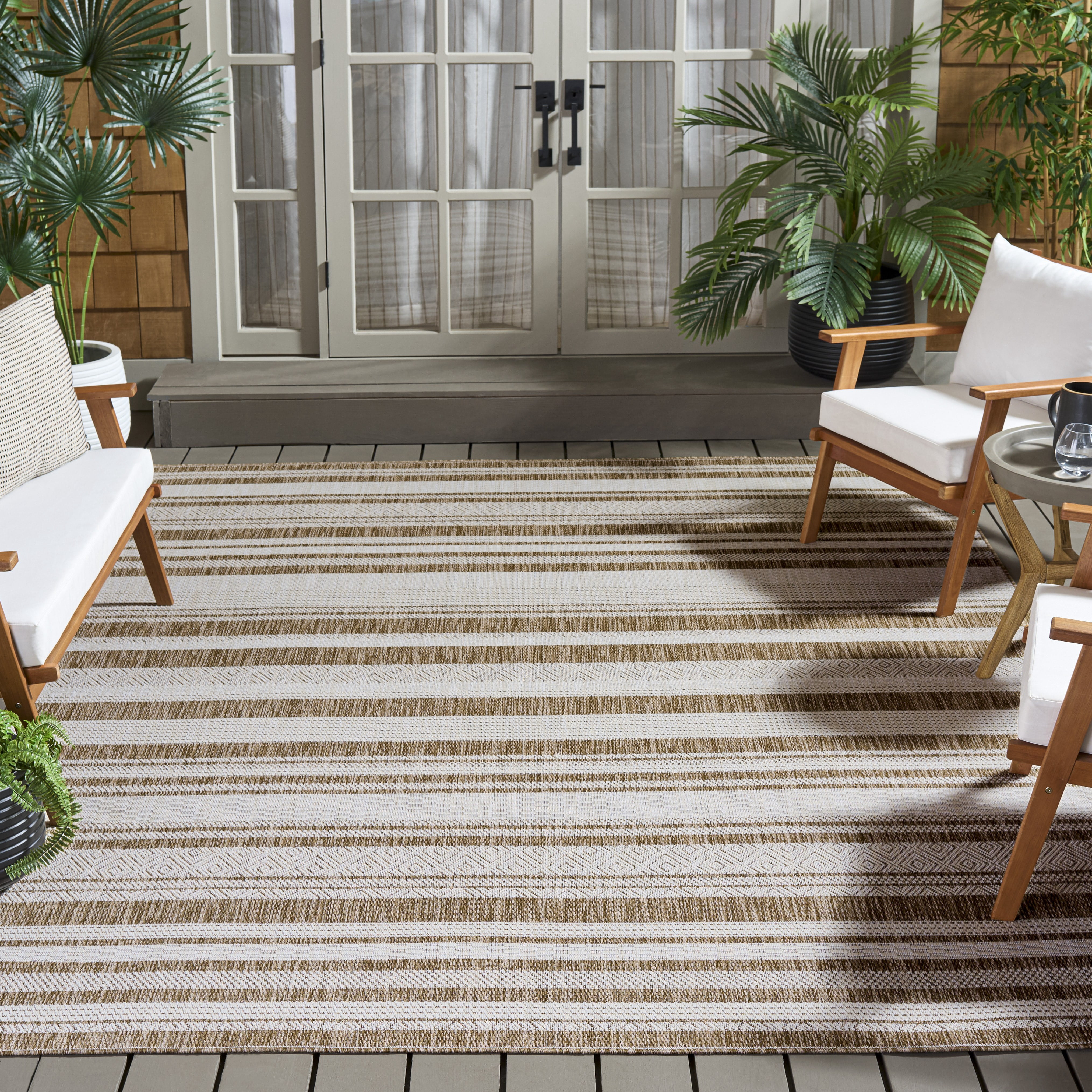 Safavieh Beach House Merrilyn Striped Indoor/Outdoor Area Rug, Brown/Ivory, 6'7" x 6'7" Square