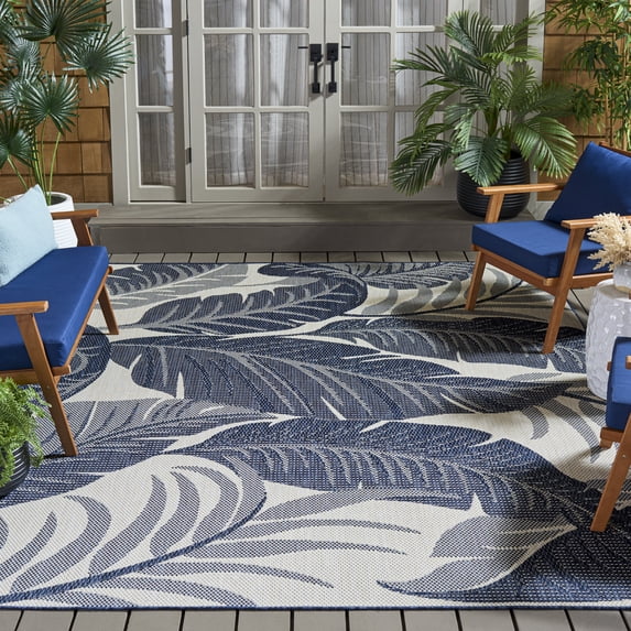 Safavieh Beach House Quintella Botanical Indoor/Outdoor Area Rug, Navy/Ivory, 6'7" x 6'7" Square