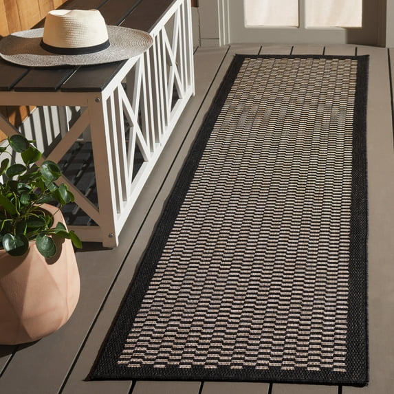 SAFAVIEH Beach House Maryam Bordered Indoor/Outdoor Runner Rug, Black/Beige, 2' x 8'