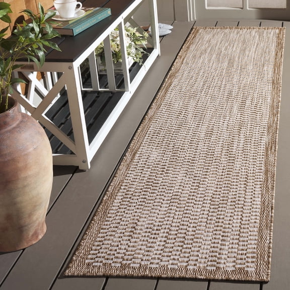 SAFAVIEH Beach House Maryam Bordered Indoor/Outdoor Runner Rug, Brown/Ivory, 2' x 8'