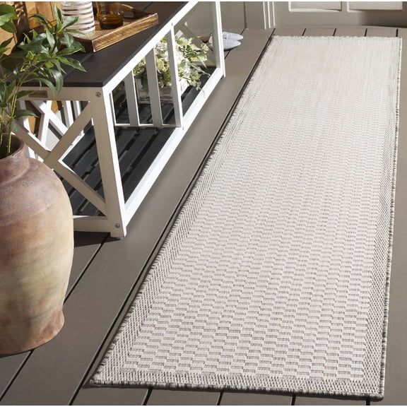 SAFAVIEH Beach House Maryam Bordered Indoor/Outdoor Runner Rug, Ivory/Light Gray, 2' x 8'