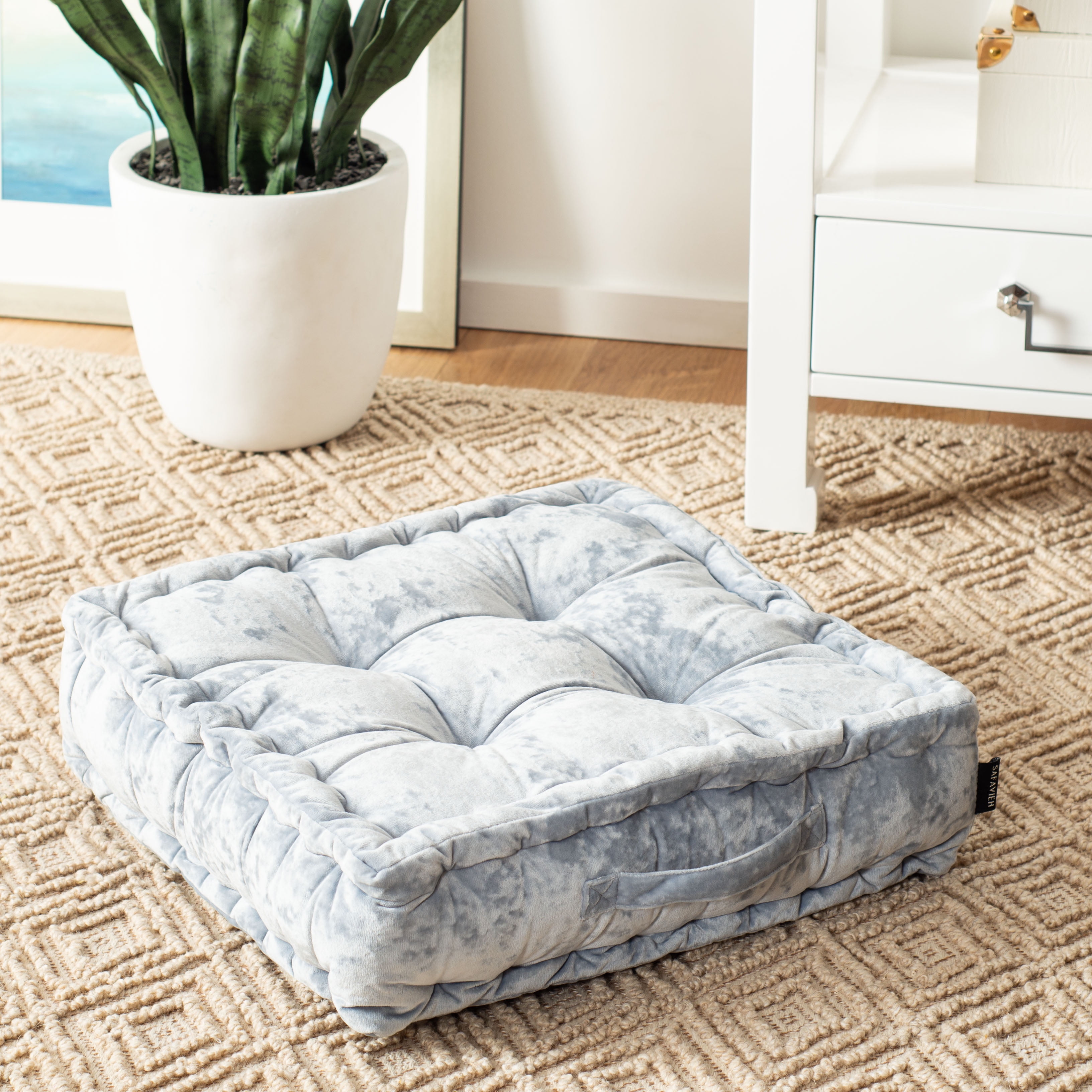 Belia Light Grey Velvet Tufted Square Floor Pillow