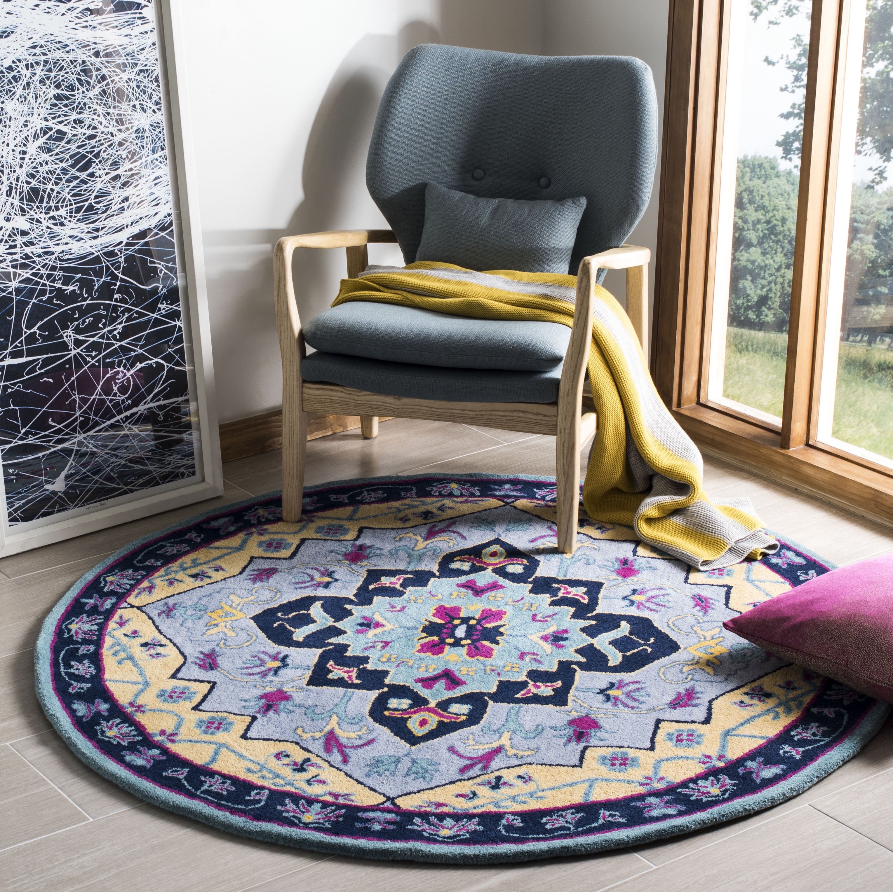 SAFAVIEH Bellagio Trevelyan Bordered Wool Area Rug, Light Blue/Multi, 5' x 5' Round