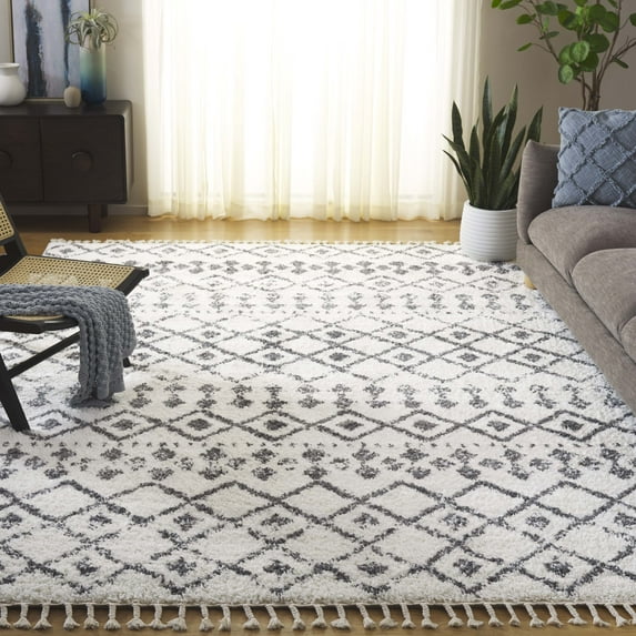 SAFAVIEH Berber Fringe Vinal Aztec Shag Area Rug, Cream/Dark Gray, 11' x 15'