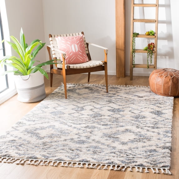 SAFAVIEH Berber Fringe Tatjana Aztec Shag Area Rug, Cream/Navy, 9' x 12'