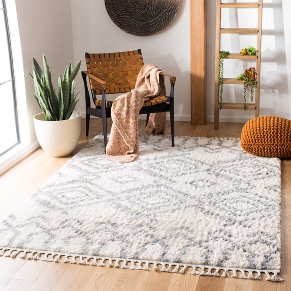SAFAVIEH Berber Fringe Cara Aztec Shag Area Rug, Cream/Gray, 10' x 14'