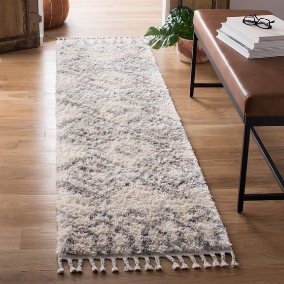 SAFAVIEH Berber Fringe Cara Aztec Shag Runner Rug, Cream/Gray, 2' x 8'