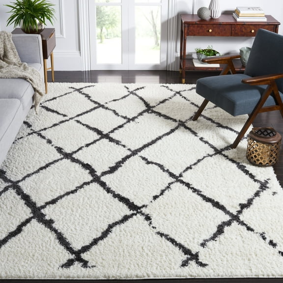 SAFAVIEH Berber Bentley Geometric Shag Area Rug, Creme/Brown, 9' x 12'